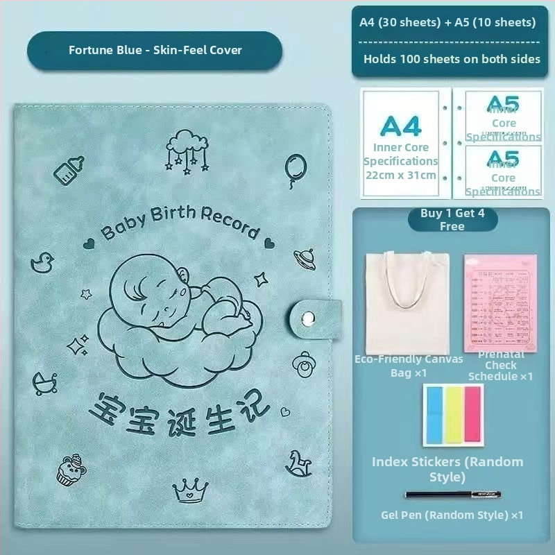 Ādas grāmata grūtnieču uzskaitēm — modelis Sleeping Baby Storage Book; 120 lapas; biezums 1.5; materiāla biezums 0.2; logotipa drukāšana iespējama