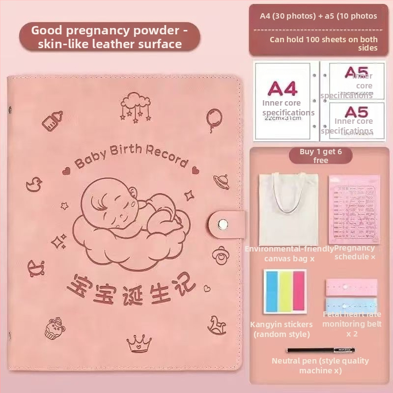 Ādas grāmata grūtnieču uzskaitēm — modelis Sleeping Baby Storage Book; 120 lapas; biezums 1.5; materiāla biezums 0.2; logotipa drukāšana iespējama