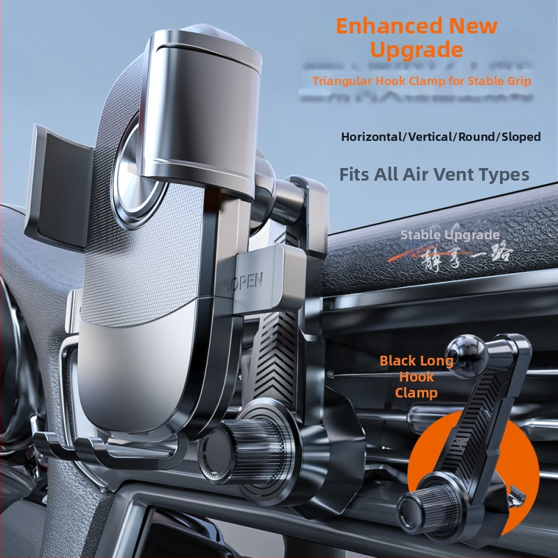 Universālais automašīnas telefona stiprinājums gaisa izplūdei, snap-on uzstādīšana, 360° rotācija, horizontāla un vertikāla orientācija