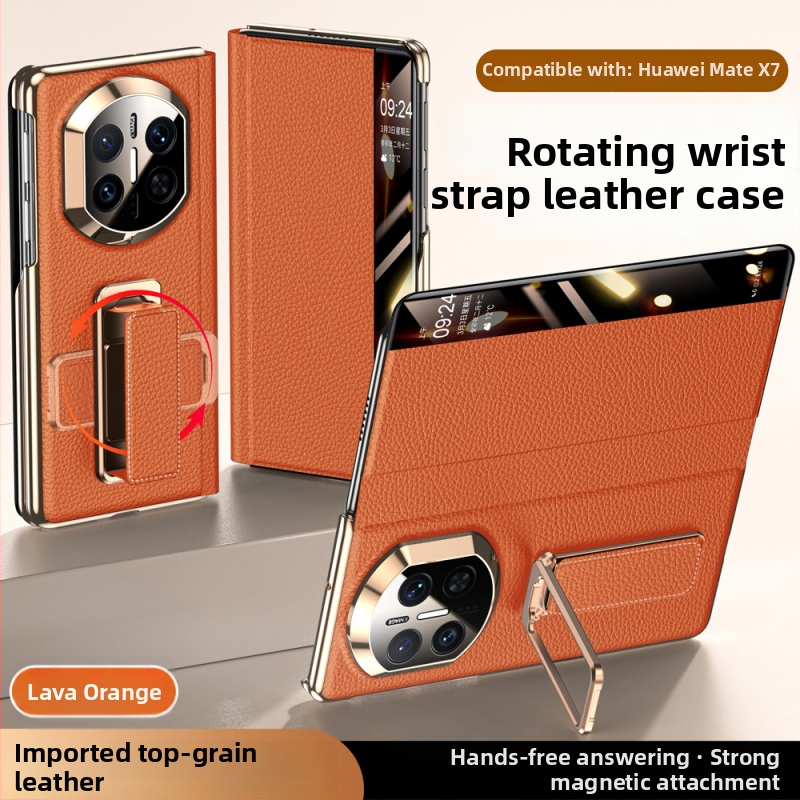 Huawei MateX7 ādas korpuss ar rotējošu plaukstas siksnu, dubultās ass elektroplating, Smart Window X6, Īsta āda, Izturība pret triecieniem