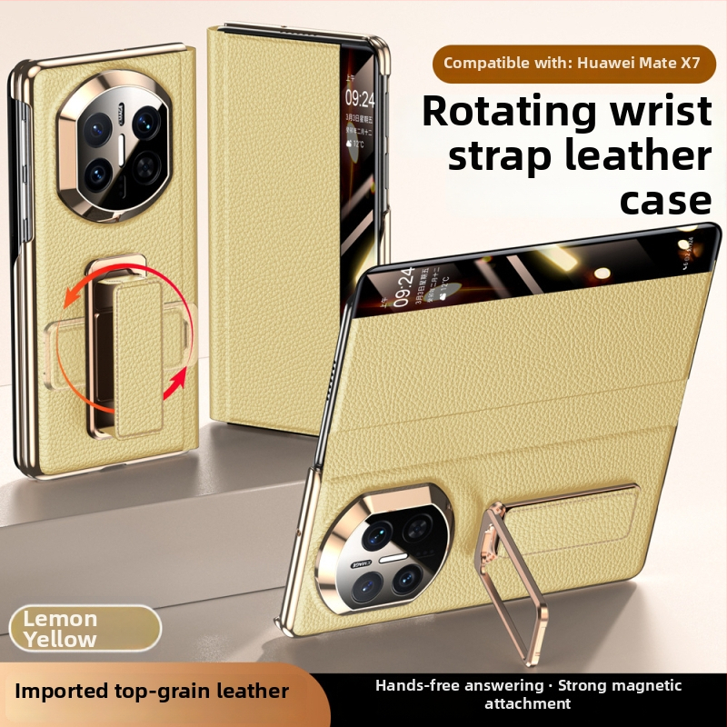 Huawei MateX7 ādas korpuss ar rotējošu plaukstas siksnu, dubultās ass elektroplating, Smart Window X6, Īsta āda, Izturība pret triecieniem