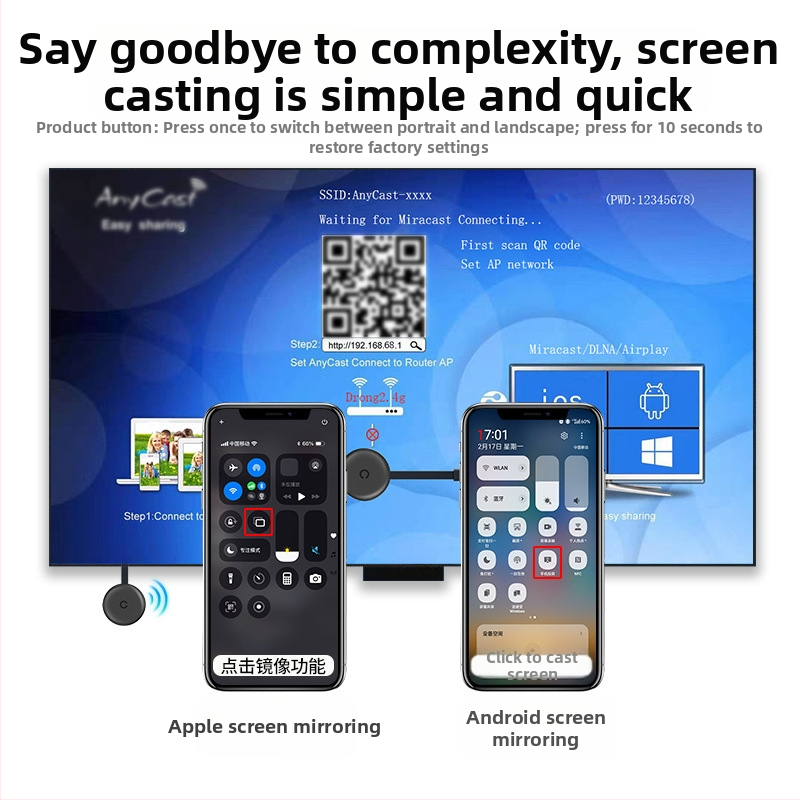 Bezvadu mobilā telefona projektors televizoram, HDMI, 1080p, RK3036 A210, 128MB RAM, ekrānu atspoguļošana