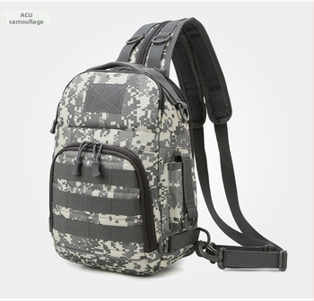 Rucsac outdoor multifuncțional pentru pescuit, design camuflaj tactic, purtare diagonală pe umăr, capacitate extensibilă, poliester, curea cu aer