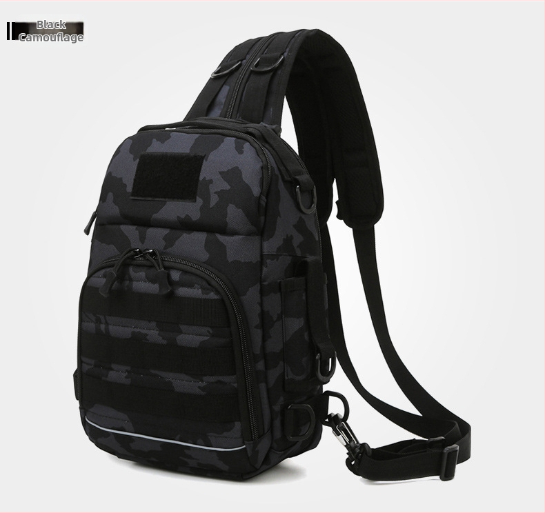 Rucsac outdoor multifuncțional pentru pescuit, design camuflaj tactic, purtare diagonală pe umăr, capacitate extensibilă, poliester, curea cu aer