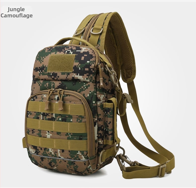 Rucsac outdoor multifuncțional pentru pescuit, design camuflaj tactic, purtare diagonală pe umăr, capacitate extensibilă, poliester, curea cu aer