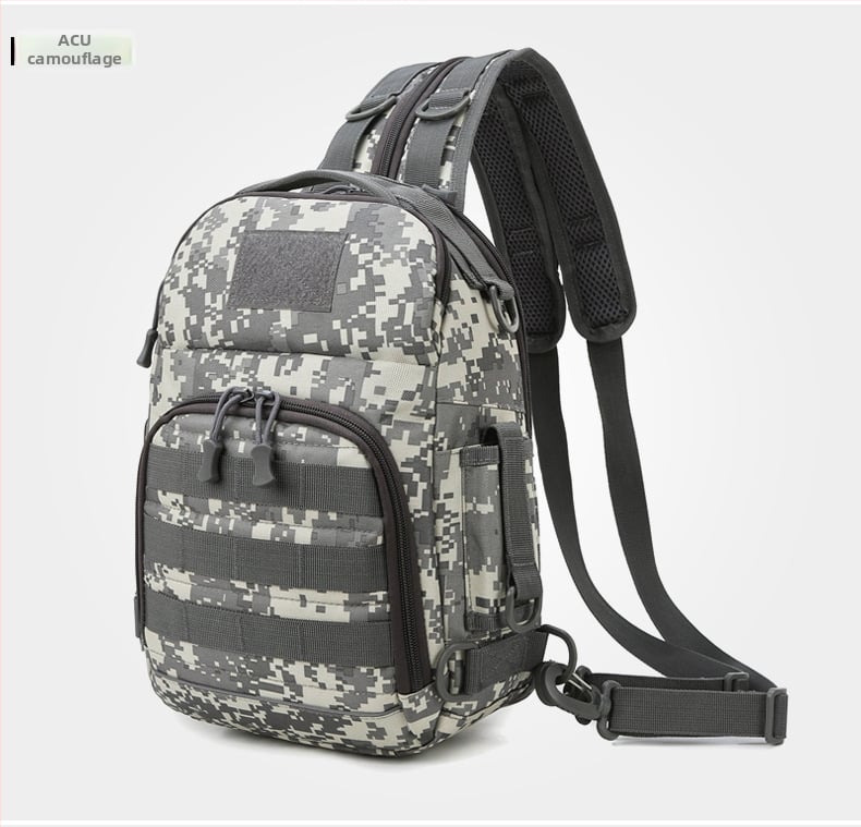 Rucsac outdoor multifuncțional pentru pescuit, design camuflaj tactic, purtare diagonală pe umăr, capacitate extensibilă, poliester, curea cu aer