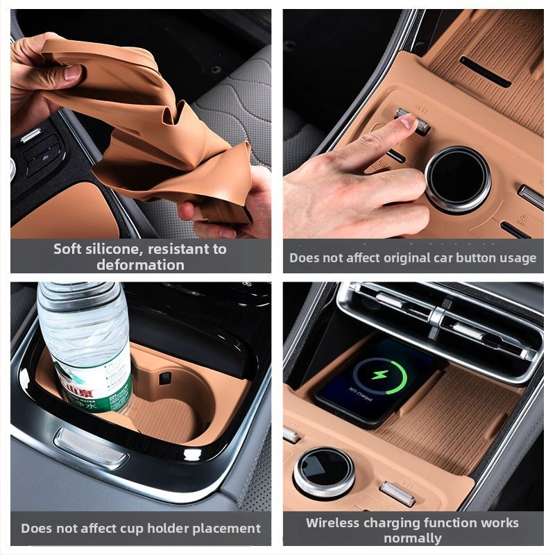 Silikona paliktnis pudelēm turētājam centrālajā konsolē automašīnai ar bezvadu uzlādi – interjera dekora piederums (autorizēts privātais zīmols)