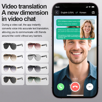 Ochelari Bluetooth inteligenți cu traducere AI, ochelari de soare, control prin atingere, fără cameră, baterie 75+75 mAh, ramă din oțel inoxidabil, 35 g greutate, rază wireless 5–10 m