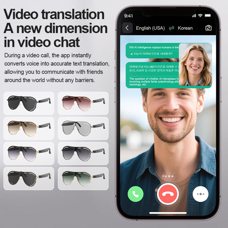 Ochelari Bluetooth inteligenți cu traducere AI, ochelari de soare, control prin atingere, fără cameră, baterie 75+75 mAh, ramă din oțel inoxidabil, 35 g greutate, rază wireless 5–10 m