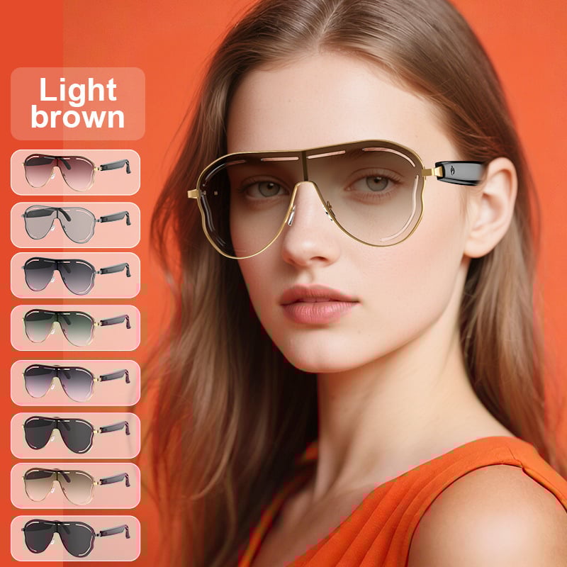 Ochelari Bluetooth inteligenți cu traducere AI, ochelari de soare, control prin atingere, fără cameră, baterie 75+75 mAh, ramă din oțel inoxidabil, 35 g greutate, rază wireless 5–10 m