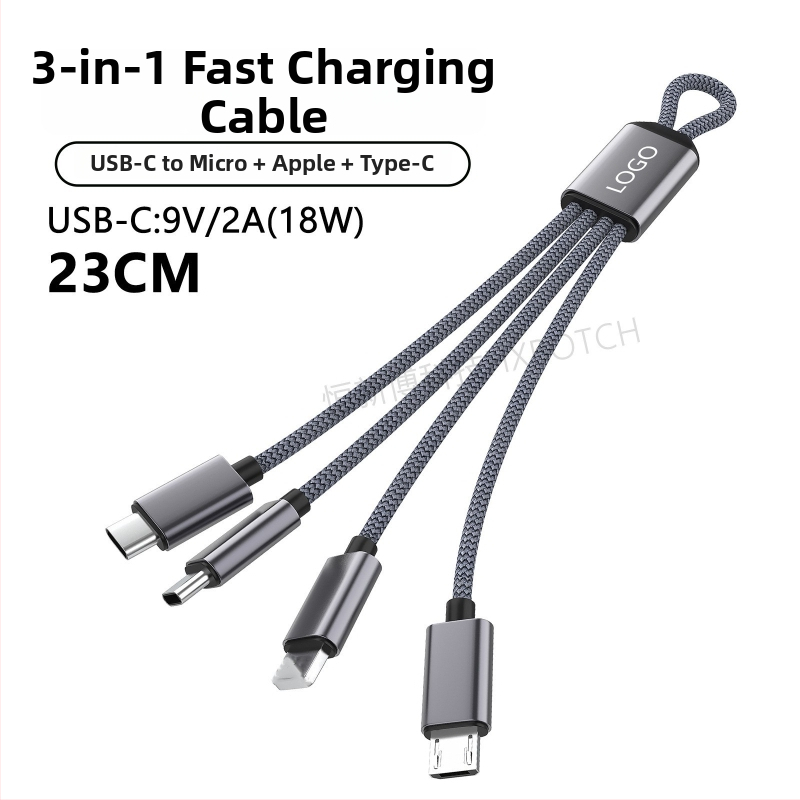 PD60W dátový kábel s viacerými rozhraniami pre rýchle nabíjanie: Lightning, Micro-USB, Type-C; pre tablety, notebooky a telefóny; dĺžka do 0,5 m; nylonové opletenie; max 60W; farby šedo-biela a tmavosivá