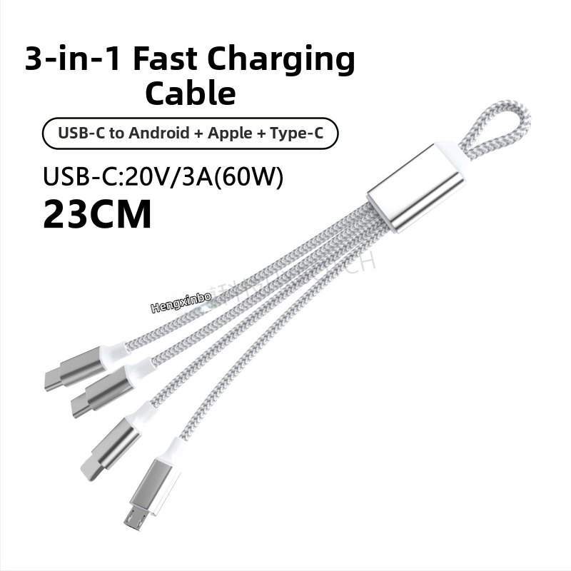 PD60W dátový kábel s viacerými rozhraniami pre rýchle nabíjanie: Lightning, Micro-USB, Type-C; pre tablety, notebooky a telefóny; dĺžka do 0,5 m; nylonové opletenie; max 60W; farby šedo-biela a tmavosivá
