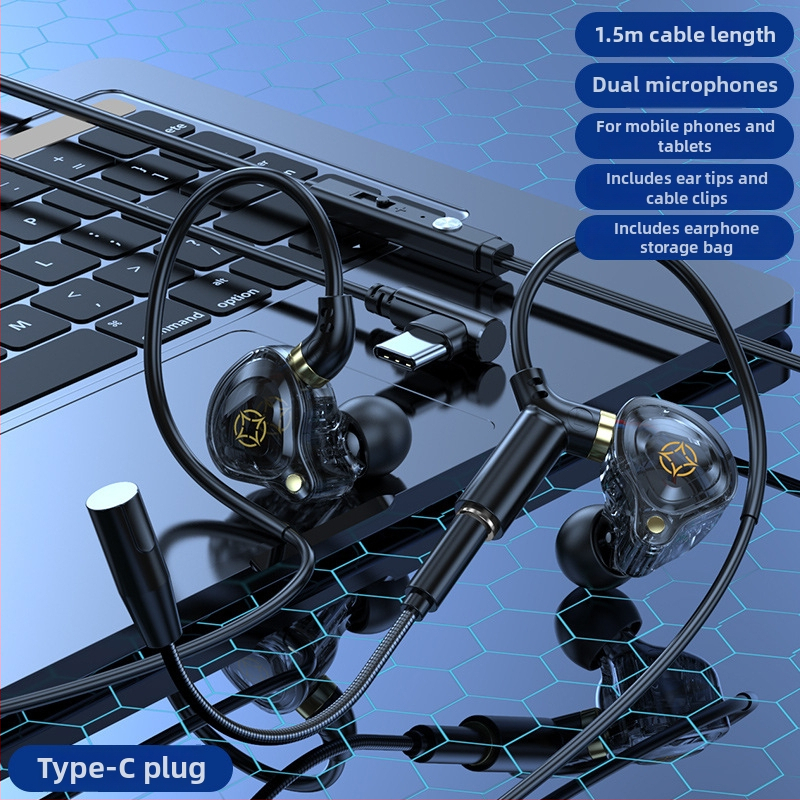Kckz Delta káblové herné slúchadlá s dvojitými mikrofónmi, kompatibilné s Type-C/USB/3.5 mm dvakrátný konektor, dizajn s háčikom na ucho, kábel 1,5–2,5 m