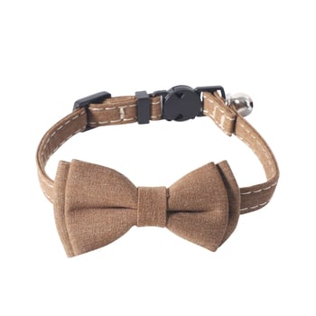 Colier pentru pisică din material textil, cu funda și clopoțel, model grilă