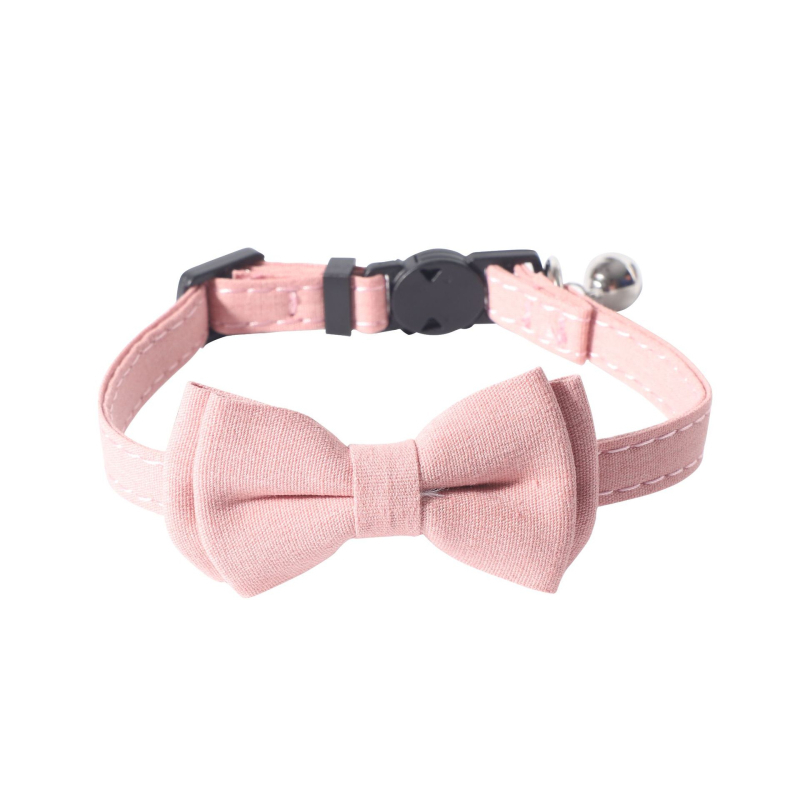 Colier pentru pisică din material textil, cu funda și clopoțel, model grilă