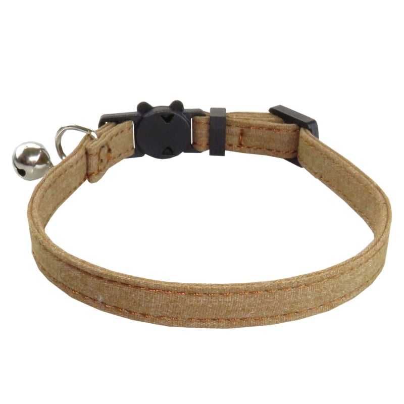 Colier pentru pisică din material textil, cu funda și clopoțel, model grilă