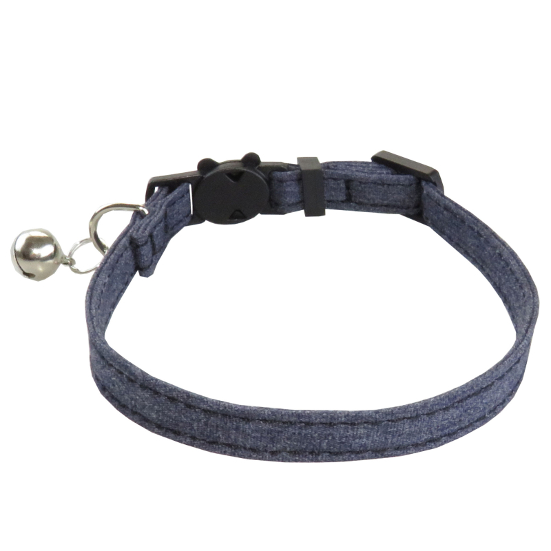 Colier pentru pisică din material textil, cu funda și clopoțel, model grilă