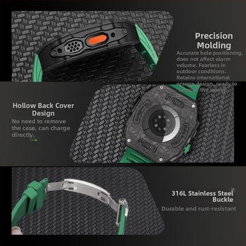 Karbónový obal pre Apple Watch Ultra 2 49mm; Značka HUALIMEI • Materiál: karbonové vlákno + fluorová guma • Hmotnosť puzdra: 26 g • Kompatibilné modely: Apple Watch Ultra 49mm, S9/8/7 45mm, SE2/SE/6/5/4 44mm