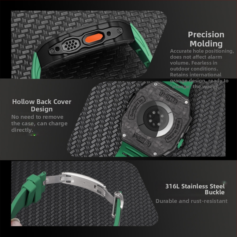 Karbónový obal pre Apple Watch Ultra 2 49mm; Značka HUALIMEI • Materiál: karbonové vlákno + fluorová guma • Hmotnosť puzdra: 26 g • Kompatibilné modely: Apple Watch Ultra 49mm, S9/8/7 45mm, SE2/SE/6/5/4 44mm