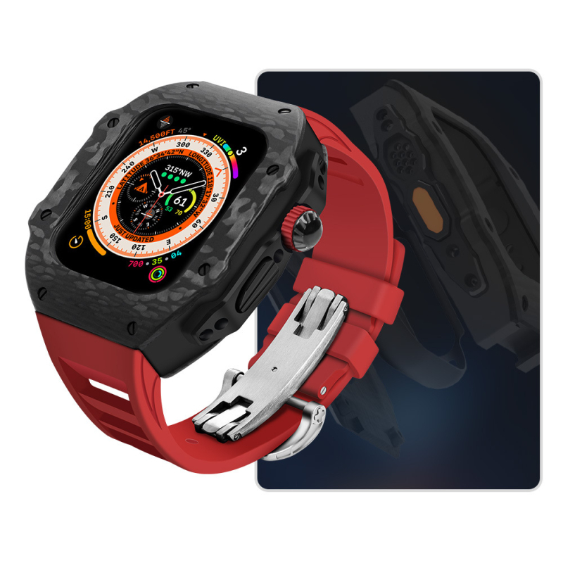 Karbónový obal pre Apple Watch Ultra 2 49mm; Značka HUALIMEI • Materiál: karbonové vlákno + fluorová guma • Hmotnosť puzdra: 26 g • Kompatibilné modely: Apple Watch Ultra 49mm, S9/8/7 45mm, SE2/SE/6/5/4 44mm