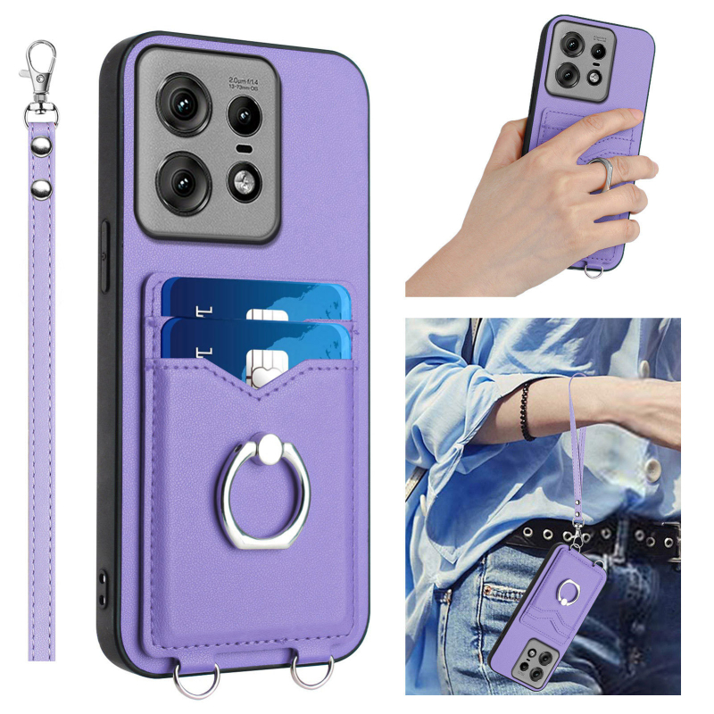 Carcasă pentru telefon cu suport inel și șnur lung pentru Moto Edge 50 Pro și Edge 50 Fusion — TPU+PC, rezistentă la șocuri, antiamprentă