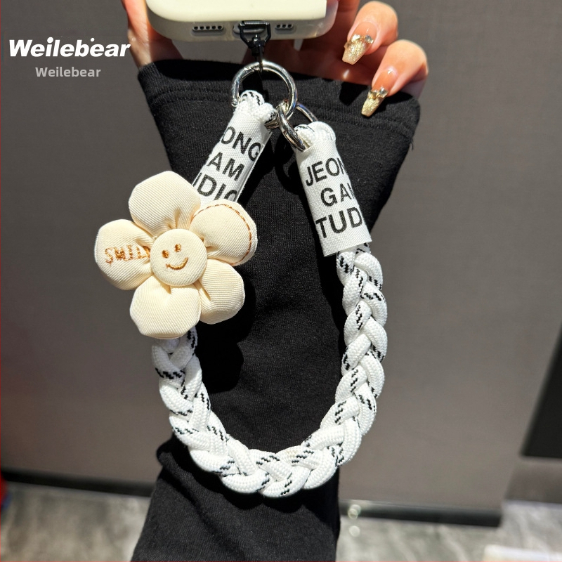 Mobilā telefona lanyards ar pletotu saulespuķes dizainu, anti-zudums ar dubulto pogu, plastmasas materiāls, sievietēm