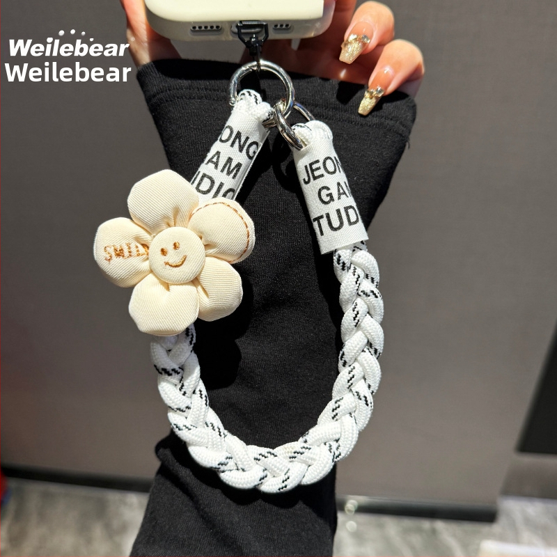 Mobilā telefona lanyards ar pletotu saulespuķes dizainu, anti-zudums ar dubulto pogu, plastmasas materiāls, sievietēm