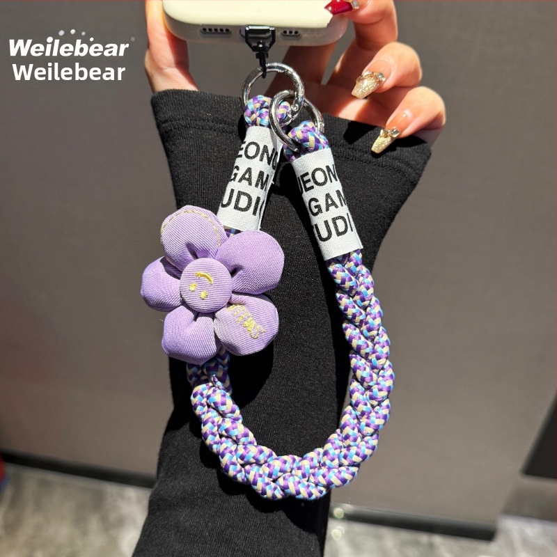 Mobilā telefona lanyards ar pletotu saulespuķes dizainu, anti-zudums ar dubulto pogu, plastmasas materiāls, sievietēm