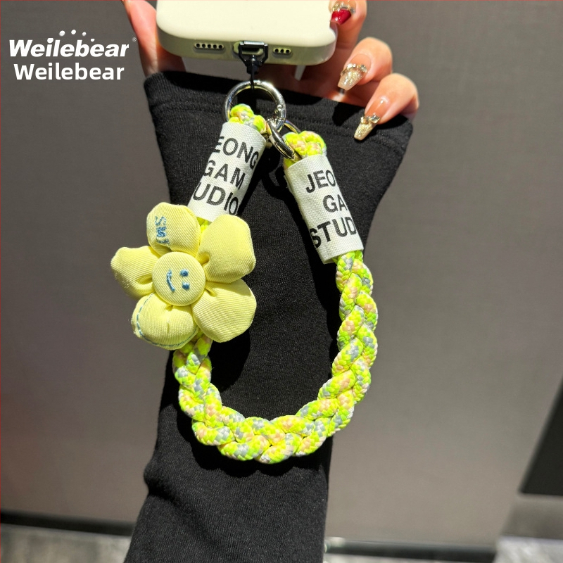 Mobilā telefona lanyards ar pletotu saulespuķes dizainu, anti-zudums ar dubulto pogu, plastmasas materiāls, sievietēm