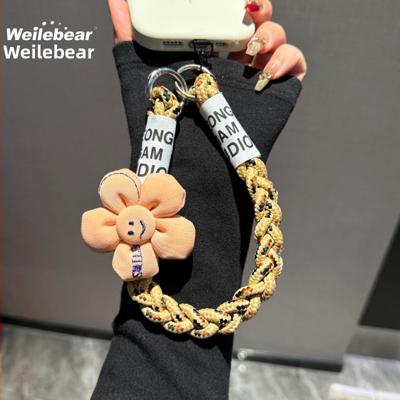 Mobilā telefona lanyards ar pletotu saulespuķes dizainu, anti-zudums ar dubulto pogu, plastmasas materiāls, sievietēm