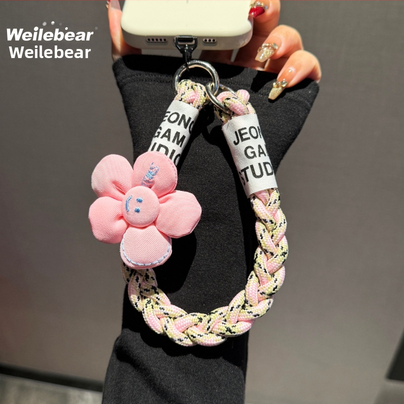 Mobilā telefona lanyards ar pletotu saulespuķes dizainu, anti-zudums ar dubulto pogu, plastmasas materiāls, sievietēm