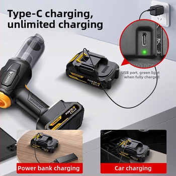 Безжичен автомобилен прахосмукач, ръчен, двойна функция всмукване и издухване; 200 W, 20000 Pa, 18.5 V, презареждаем