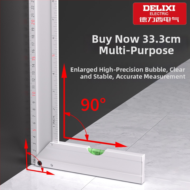 Delixi Electric Pilnībā alumīnija taisnstūra lineāls ar 90°, biezināts, daudzfunkcionāls, augsta precizitāte koka darbiem