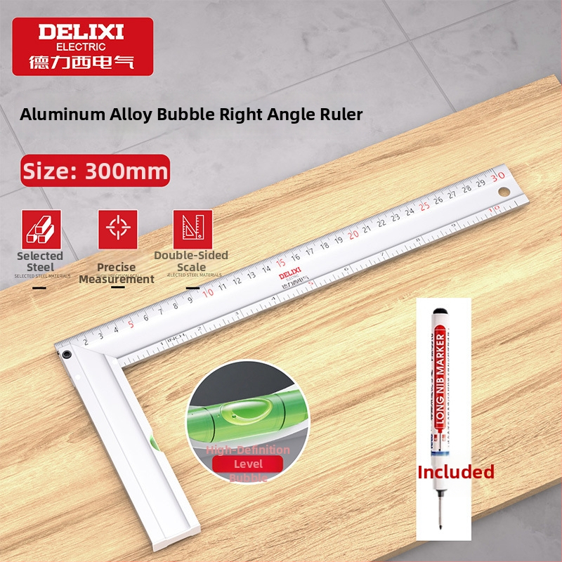 Delixi Electric Pilnībā alumīnija taisnstūra lineāls ar 90°, biezināts, daudzfunkcionāls, augsta precizitāte koka darbiem