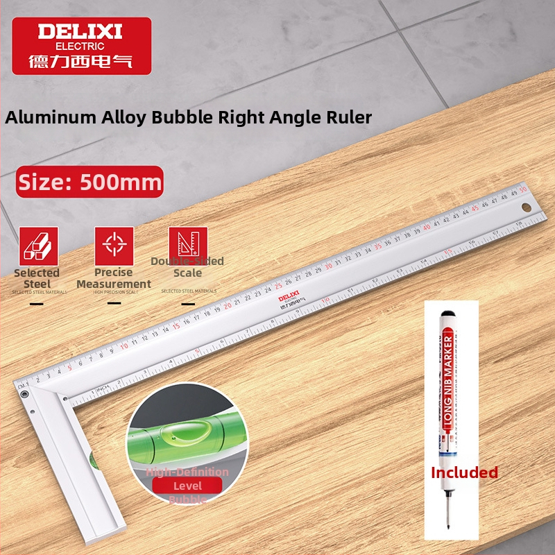 Delixi Electric Pilnībā alumīnija taisnstūra lineāls ar 90°, biezināts, daudzfunkcionāls, augsta precizitāte koka darbiem