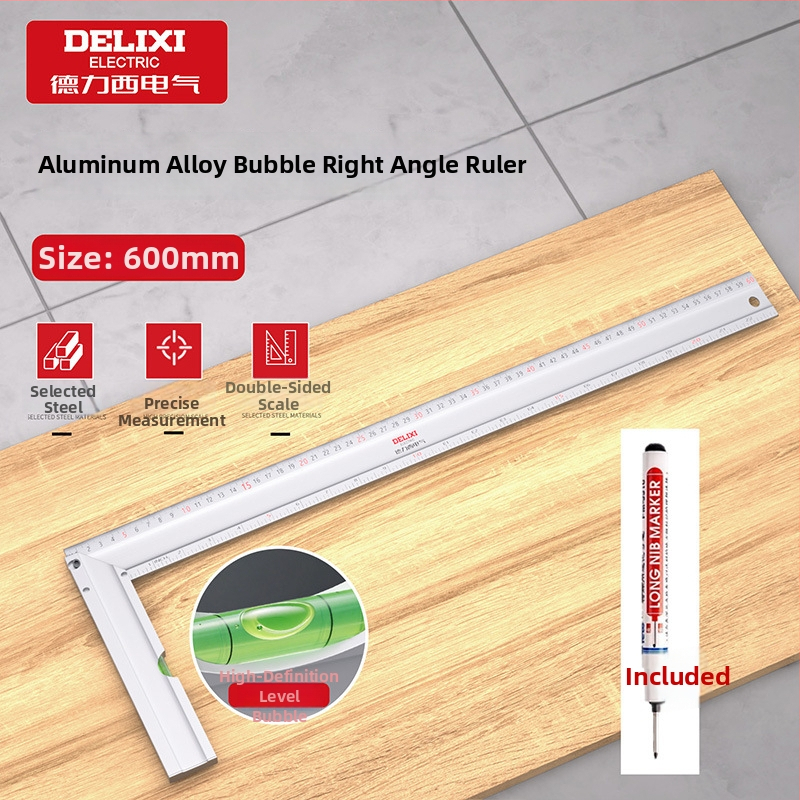 Delixi Electric Pilnībā alumīnija taisnstūra lineāls ar 90°, biezināts, daudzfunkcionāls, augsta precizitāte koka darbiem