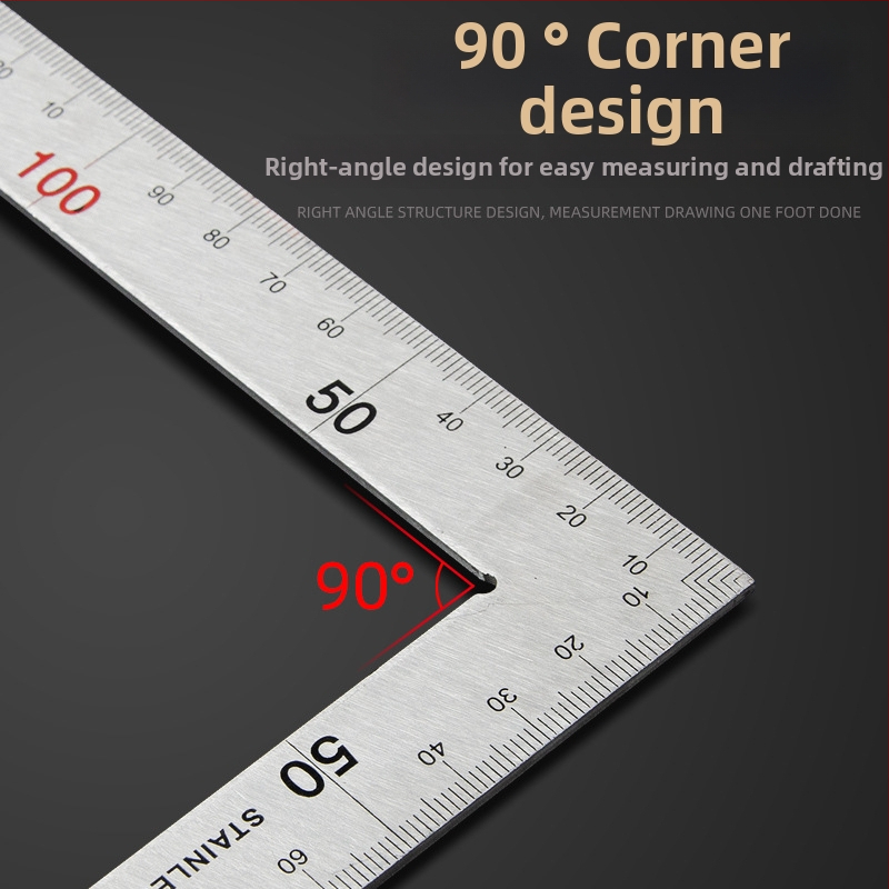 Pareizā leņķa taisnstūrveida mērinstruments, nerūsējošs tērauds, 90°, koksnes darbam precizitāte, daudzfunkcionāls ar alumīnija sakausējumu