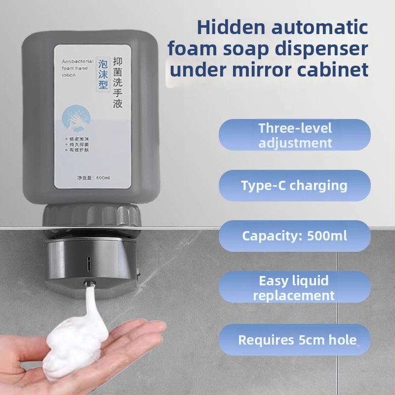 Senzorický dávkovač mydla pod zrkadlovou skriňou, skrytý automatický dávkovač peny, plast; oxidácia; moderný minimalistický štýl; senzorové ovládanie