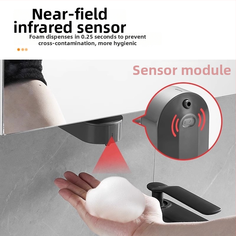 Senzorický dávkovač mydla pod zrkadlovou skriňou, skrytý automatický dávkovač peny, plast; oxidácia; moderný minimalistický štýl; senzorové ovládanie