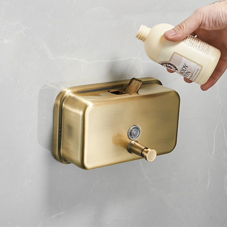 Диспенсър за сапун и шампоан, стенен, ръчно натискан, 304 неръждаема стомана, фино покритие с електроплакиране, стил лек лукс