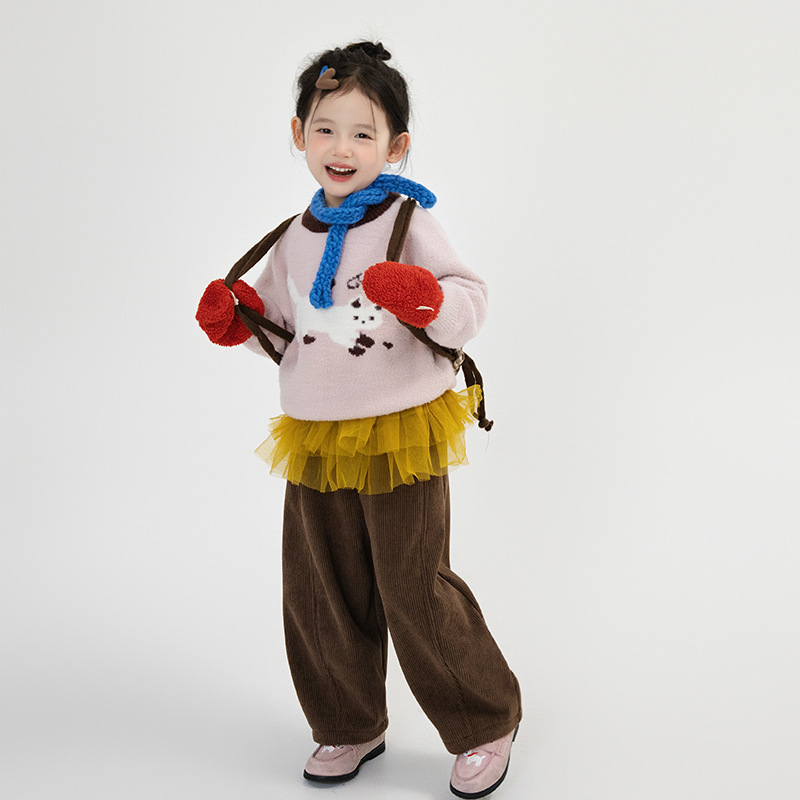 Pantaloni sport pentru copii corduroy, material poliester moale, talie inalta cu banda elastica, iarna 2025, pentru fete 3–8 ani