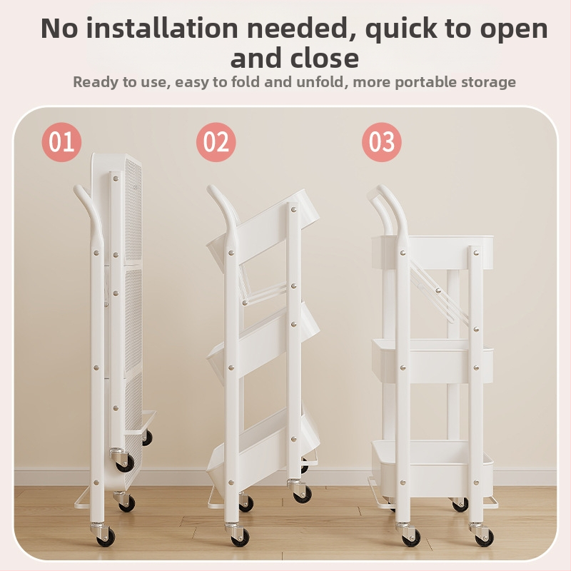 Сгъваема 3-етажна стелажна количка от въглеродна стомана, преносима и без монтаж за кухня, баня и хол
