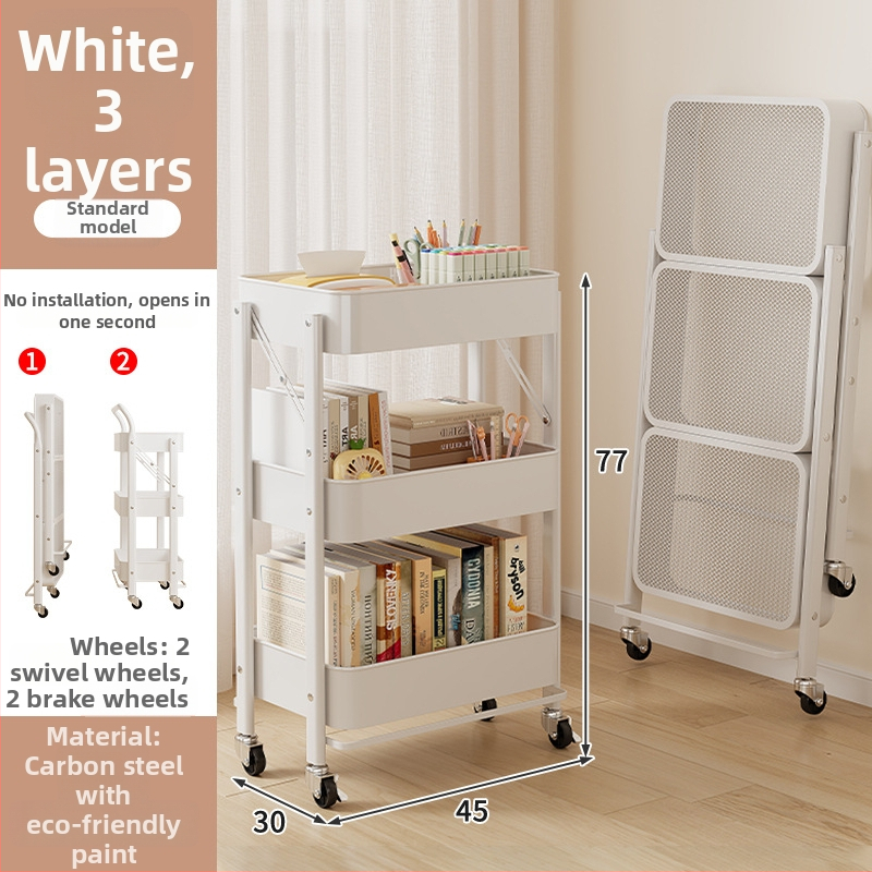 Сгъваема 3-етажна стелажна количка от въглеродна стомана, преносима и без монтаж за кухня, баня и хол