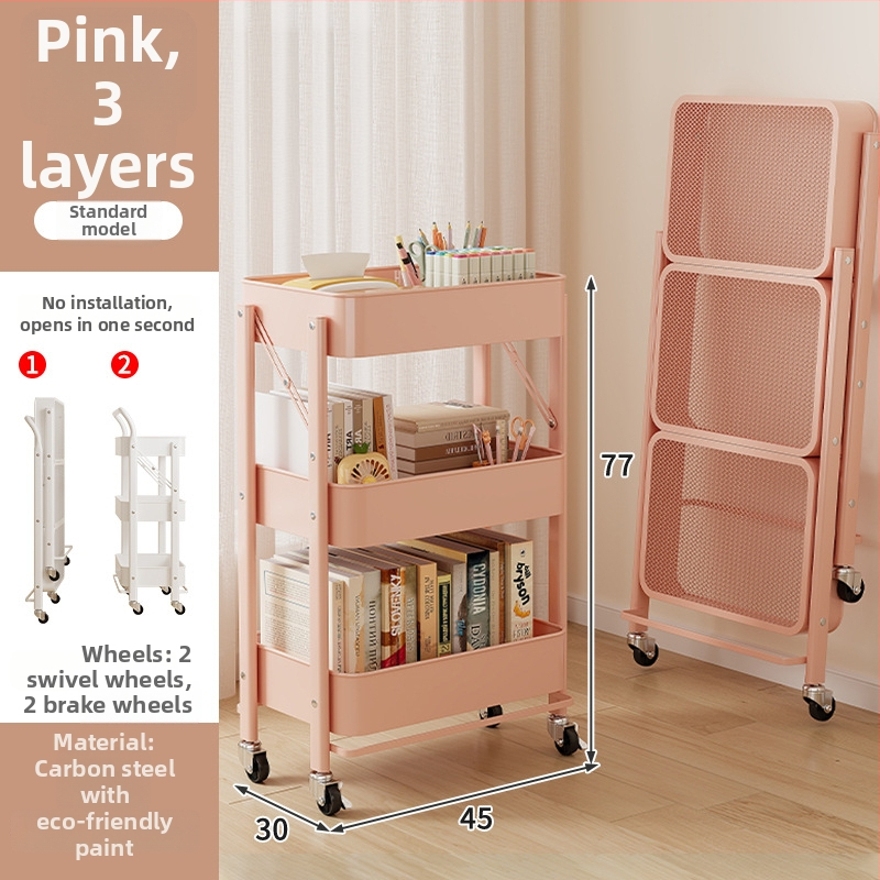 Сгъваема 3-етажна стелажна количка от въглеродна стомана, преносима и без монтаж за кухня, баня и хол