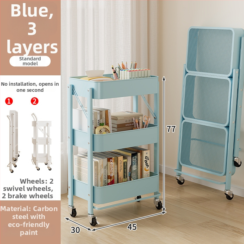 Сгъваема 3-етажна стелажна количка от въглеродна стомана, преносима и без монтаж за кухня, баня и хол