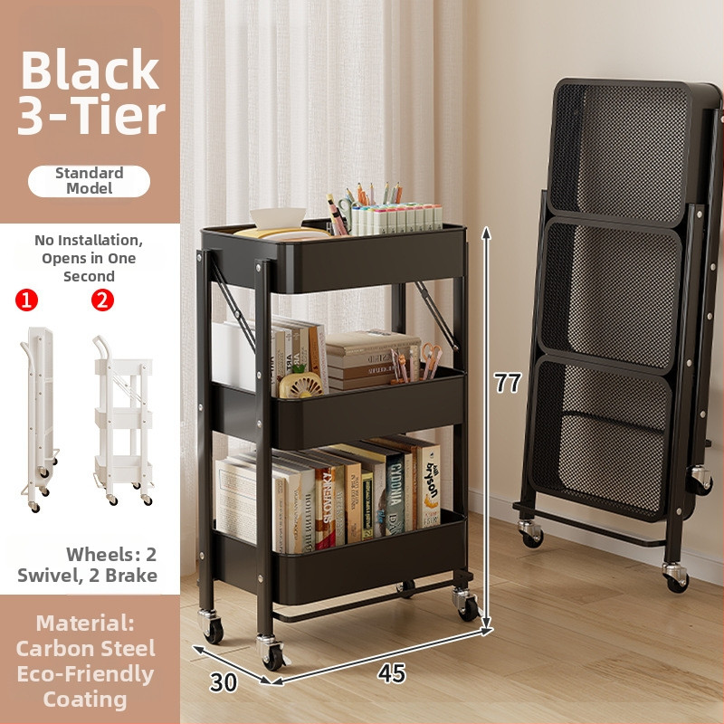 Сгъваема 3-етажна стелажна количка от въглеродна стомана, преносима и без монтаж за кухня, баня и хол