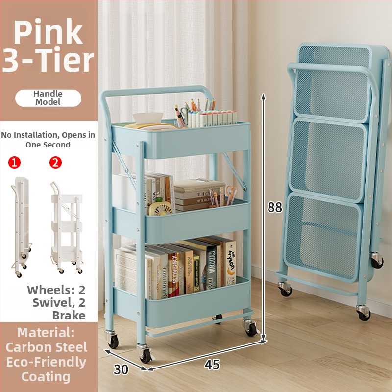 Сгъваема 3-етажна стелажна количка от въглеродна стомана, преносима и без монтаж за кухня, баня и хол