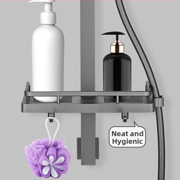 Ράφι αποθήκευσης ντους με στήριγμα ράβδου και ρυθμιζόμενο δίσκο, πλαστικό, αντοχή 5 kg, τετράγωνο σχήμα, 1 επίπεδο, μοντέρνο στυλ