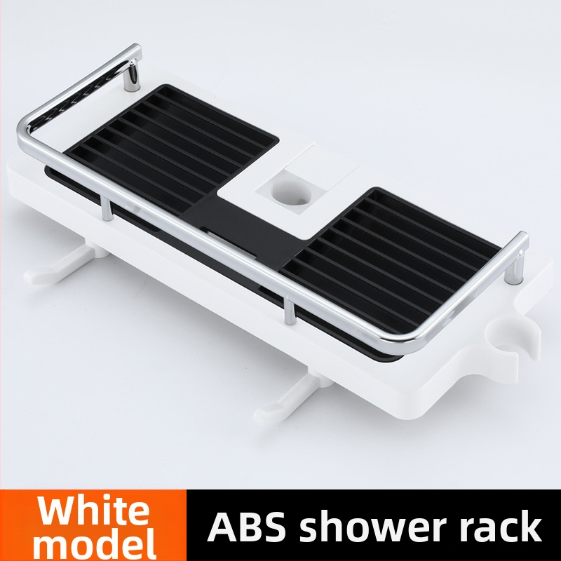 Ράφι αποθήκευσης ντους με στήριγμα ράβδου και ρυθμιζόμενο δίσκο, πλαστικό, αντοχή 5 kg, τετράγωνο σχήμα, 1 επίπεδο, μοντέρνο στυλ