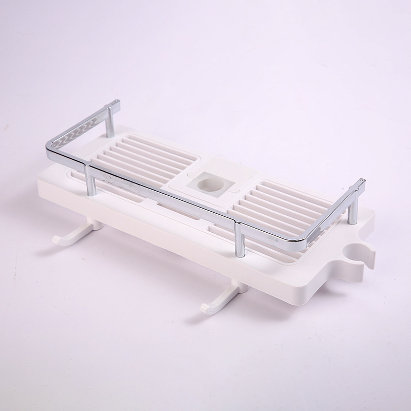 Ράφι αποθήκευσης ντους με στήριγμα ράβδου και ρυθμιζόμενο δίσκο, πλαστικό, αντοχή 5 kg, τετράγωνο σχήμα, 1 επίπεδο, μοντέρνο στυλ